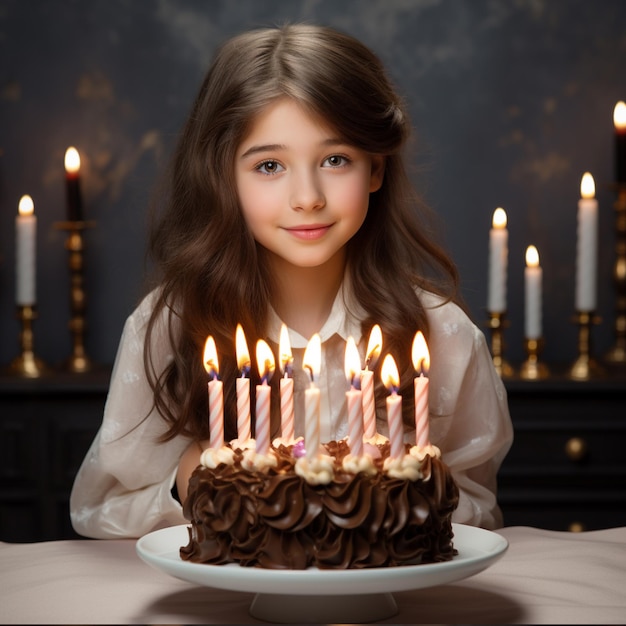 Mała urodzinowa dziewczyna z długimi brązowymi włosami dmucha świece na czekoladowym ciastku z różami