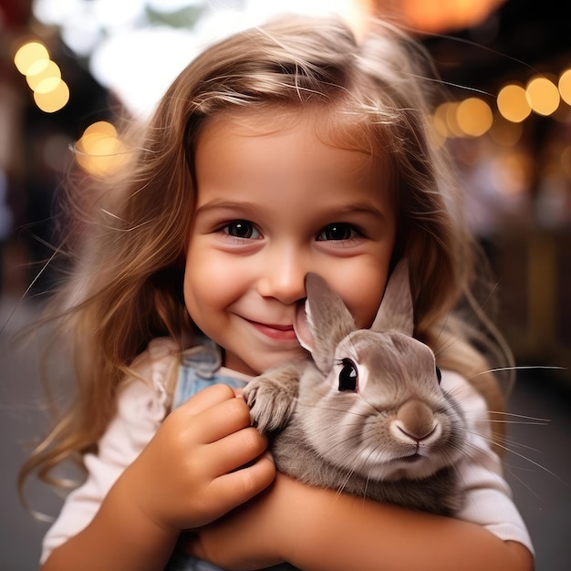 Zdjęcie mała uśmiechnięta dziewczyna trzyma królika
