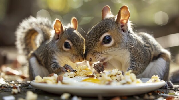 Zdjęcie mała wiewiórka je jajka z rodziną.