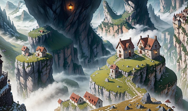 Mała wioska społeczność osada miasto na wzgórzach anime krajobraz tło ścienne sztuka scifi drukuj fantasy generatywne AI