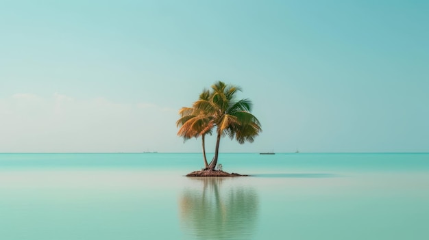 Mała wyspa w środku spokojnego morza z palmowym niebem i niebieską wodą
