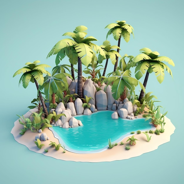 Mała wyspa z palmami i niebieską wodą.