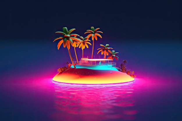 Mała wyspa z palmami Neon Paradise Generative AI