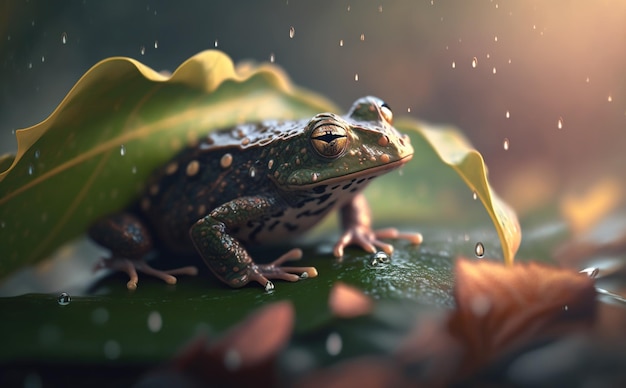 mała żaba na liściu, gdy pada deszcz