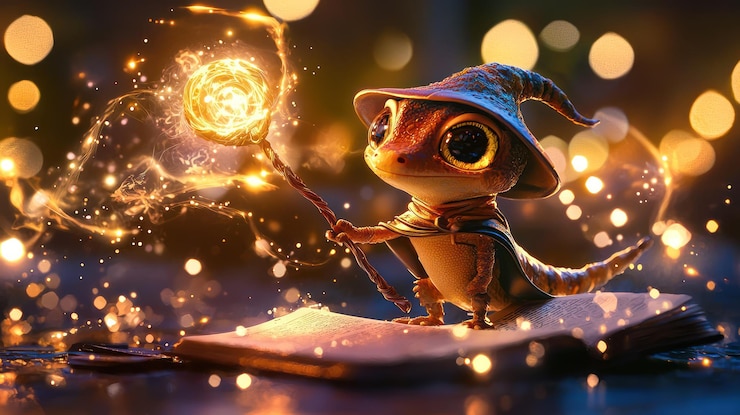 Zdjęcie mała żaba z czarodziejską różdżką stoi na stole z magicznym różdżkiem