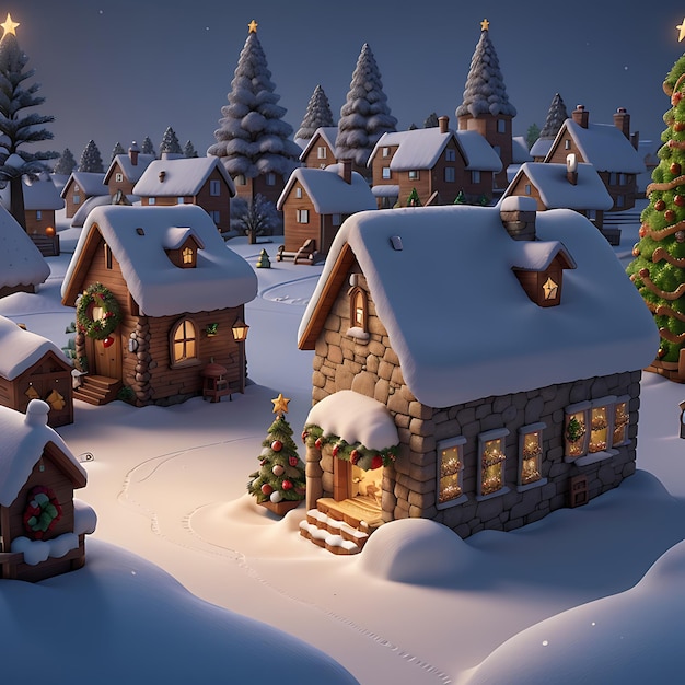 mała zaśnieżona wioska z choinką w tle.