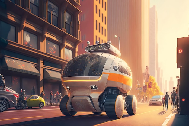 Mała żółta taksówka robota jeździ wzdłuż ulicy dużego miasta Sztuczna inteligencja kontroluje samochód Ilustracja Generative AI
