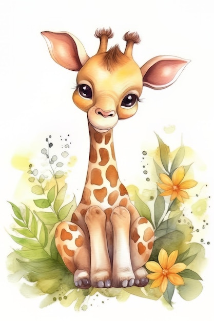 Mała żyrafa z kwiatowym tłem