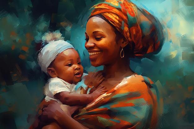 Malarska ilustracja afrykańskiej matki z dzieckiem przedstawiająca radosny i optymistyczny portret Generative AI