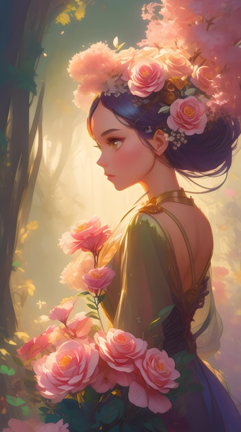 Malarski portret pięknej damy z kwiatem róży
