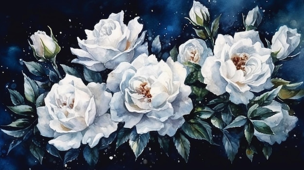 Malarstwo akwarelowe białych róż na ciemnoniebieskim tle Handdrawn illustrationgenerative ai