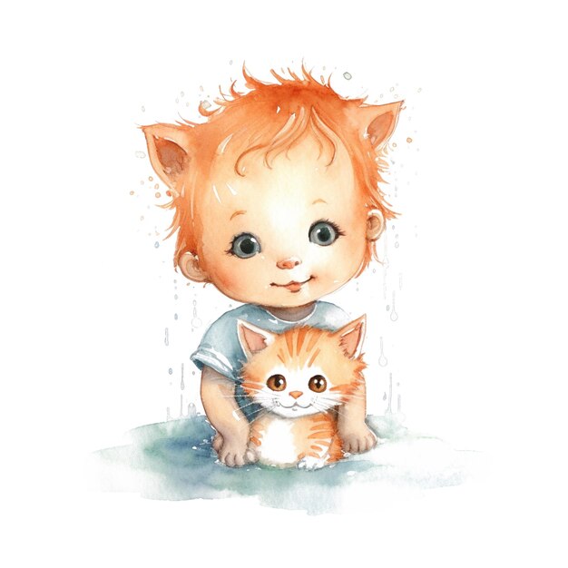 Zdjęcie malarstwo akwarelowe dziecka i kota