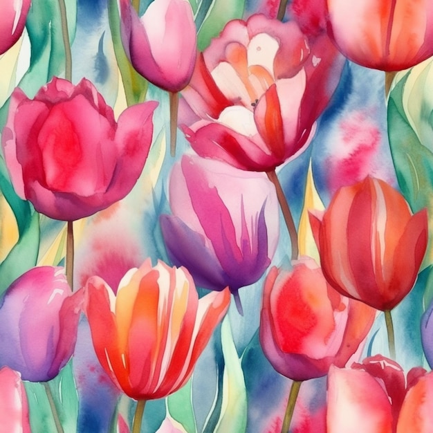 Malarstwo akwarelowe kolorowych tulipanów.