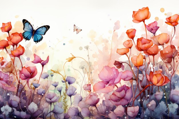 Malarstwo akwarelowe kwiatów łąki z motylami Generative AI