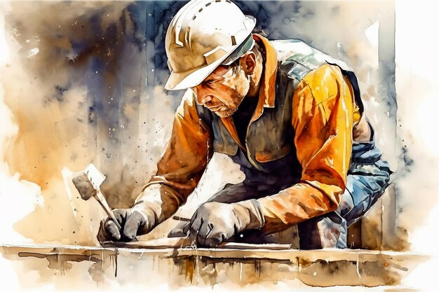Zdjęcie malarstwo akwarelowe pracownika budowlanego, szczegółowe malowanie, malowanie dnia pracy, generowane ai