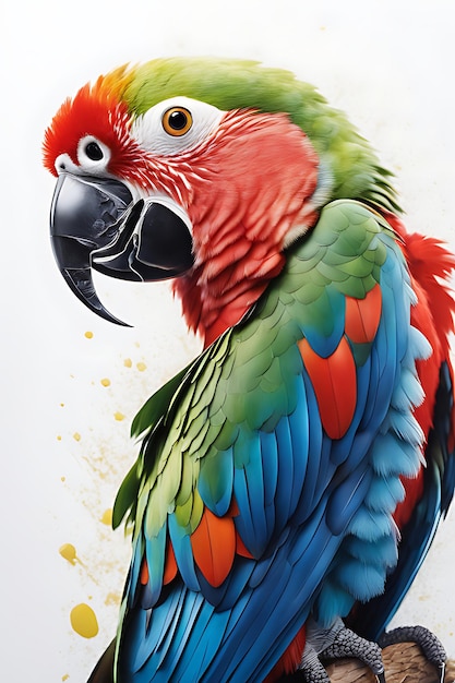 Malarstwo akwarelowe przedstawiające papugę siedzącą na gałęzi z kwiatami Gruby obraz impastowy