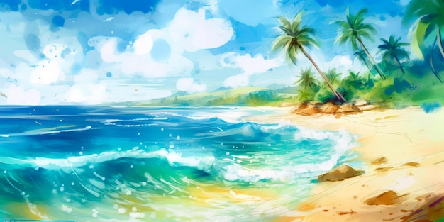 Malarstwo akwarelowe przedstawiające tropikalną plażę z palmami i falami rozbijającymi się o brzeg Generacyjna sztuczna inteligencja