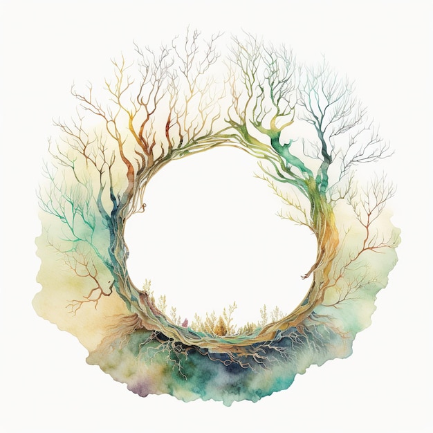 Malarstwo akwarelowe skomplikowanego korzenia drzewa ułożonego w okrągły wzór