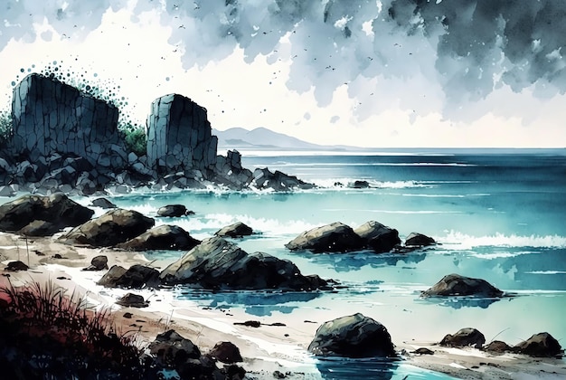 Zdjęcie malarstwo pejzażowe akwarela morze chmury fale góry