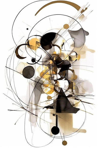 Zdjęcie malarstwo przedstawiające czarno-biały obraz abstrakcyjny ze złotymi i czarnymi kółkami.