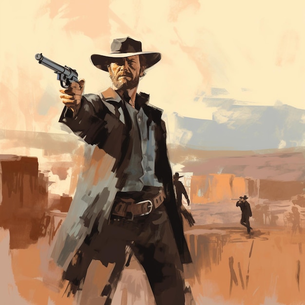 Zdjęcie malarstwo przedstawiające mężczyznę w stroju kowboja trzymającego broń generatywną ai