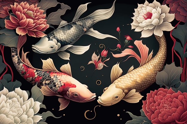 Malarstwo ryb Koi w kwiatowym obrazie cyfrowym w japońskim stylu azjatyckim