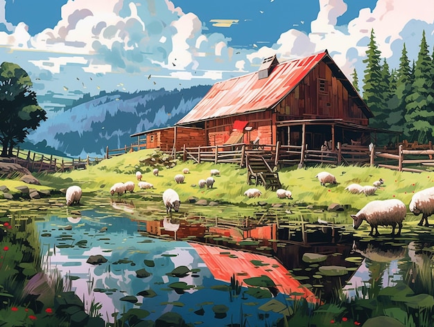 Malarstwo scenerii farmy Generowane przez sztuczną inteligencję