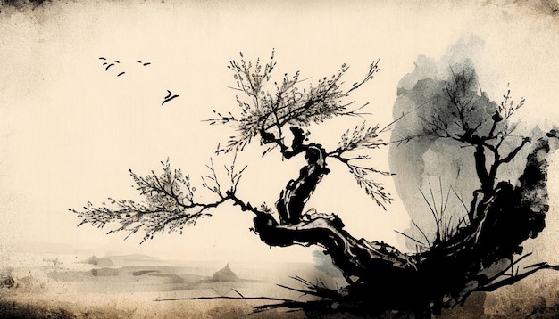 Malarstwo tuszem Chiński klasyczny styl poezji Tang tłoGenerative AI