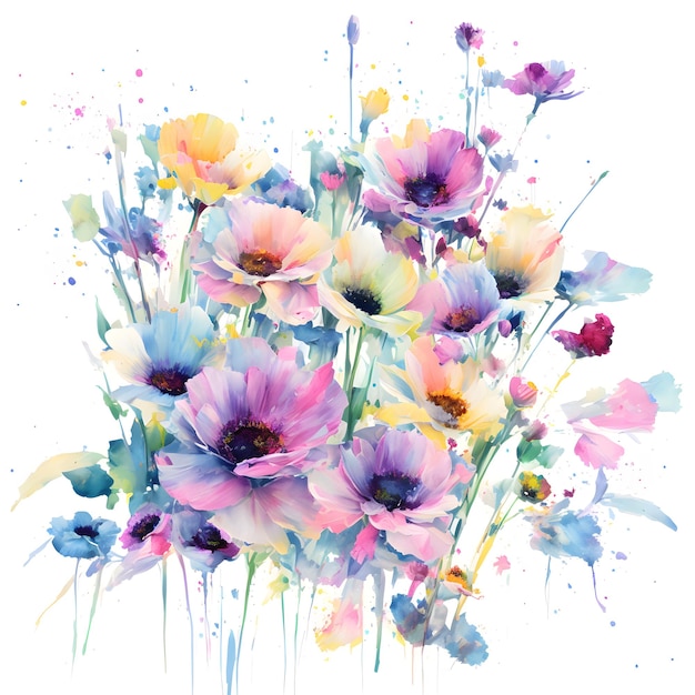 Malarstwo wielobarwne kwiatowe Ilustracja bukiet kwiatów Cyfrowo malowane kwiaty Generacyjna sztuczna inteligencja