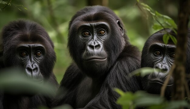 Małe bonobo siedzące na łonie natury i wpatrujące się w urocze zwierzęce oczy generowane przez sztuczną inteligencję