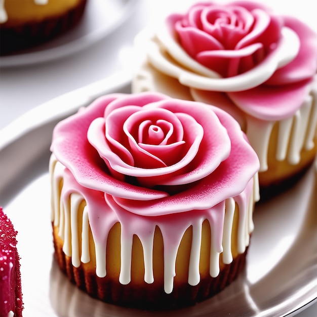 małe delikatne zwiewne ciasta różowa róża krem krem glazura dekoracja makro fotografia z bliska hy