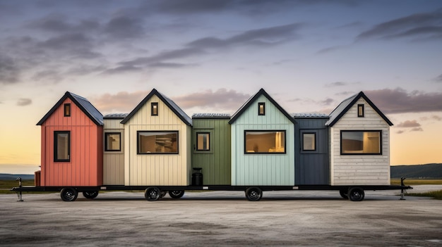 Małe domy minimalistyczny projekt oszczędzający przestrzeń życiową w jednolitym kolorze tła