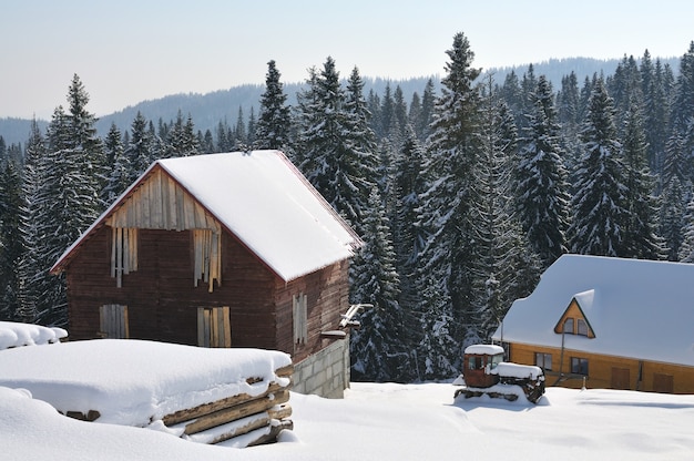 Małe Drewniane Domki Na Tle Pięknego śnieżnego Górskiego Lasu