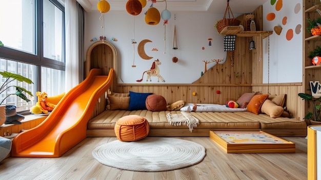 Zdjęcie małe drewniane zjeżdżalnie w pokoju dziecięcym