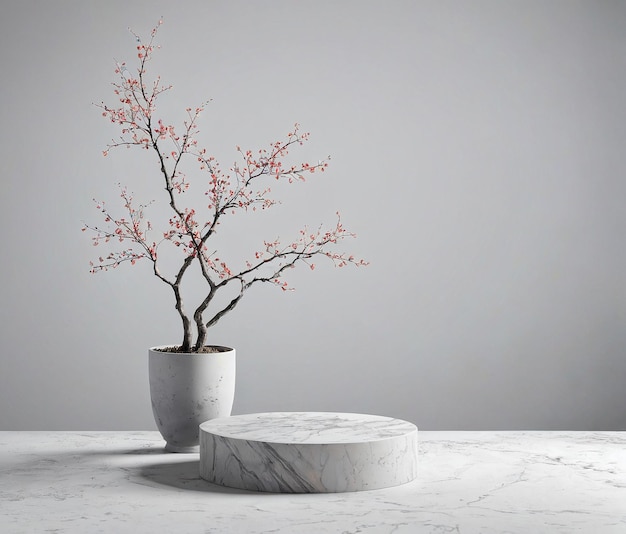 małe drzewo w białym garnku na marmurowym stole