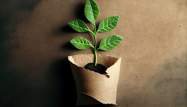 Małe drzewo z zielonymi liśćmi wyrastającymi z recyklingu papieru rzemieślniczego oszczędzającego energię bez plastiku