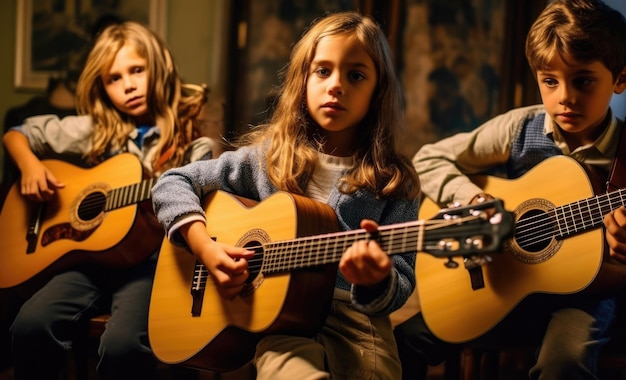 Małe dzieci uczące się grać na gitarze w klasie muzycznej