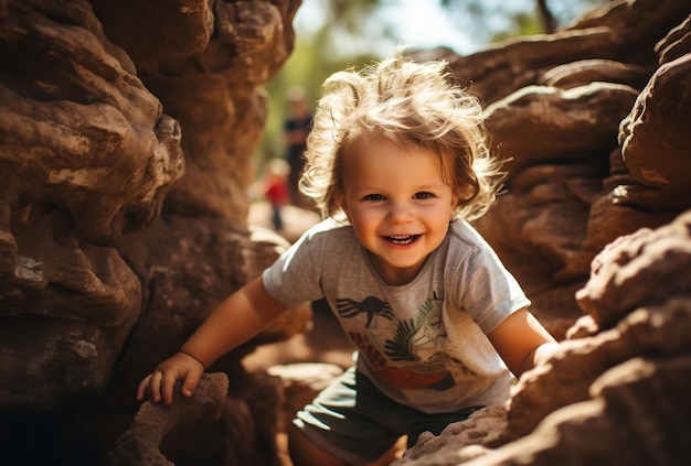 małe dziecko bawi się na skałach