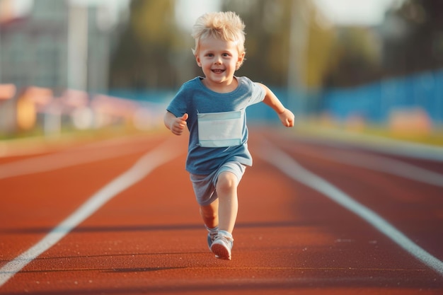 Małe dziecko biega na torze sportowym