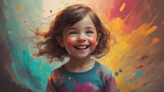 Małe dziecko dziewczynka na abstrakcyjnym kolorowym tle farby Generative AI