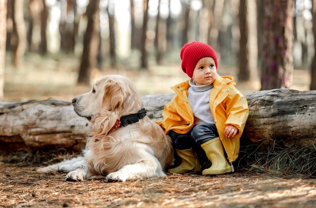 Małe dziecko dziewczynka z golden retriever pies siedzi na ziemi blisko zalogować się razem w jesiennym lesie. Kobieta dziecko i piesek portret zwierzaka w przyrodzie