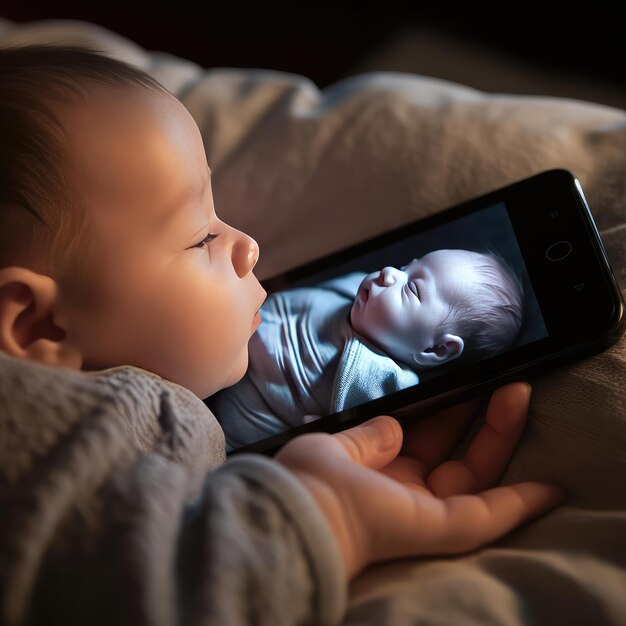 Zdjęcie małe dziecko leżące w łóżku ze smartfonem