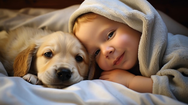 Małe dziecko leży na łóżku z psem Pies i urocze dziecko przyjaźń z dzieciństwa