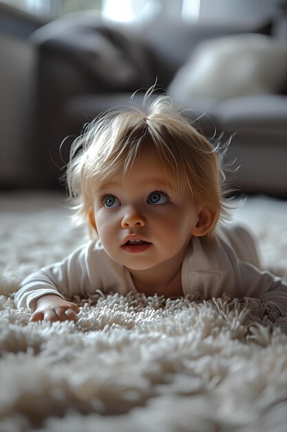 Zdjęcie małe dziecko leży przed szorstkim stosem mat podłogowych