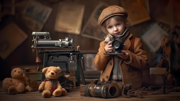 małe dziecko naśladujące profesjonalnego fotografa