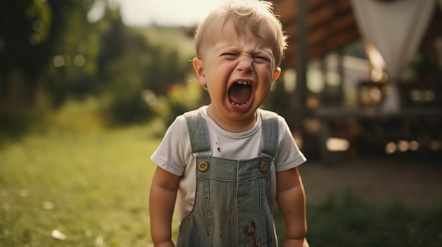 Zdjęcie małe dziecko płacze na podwórku.