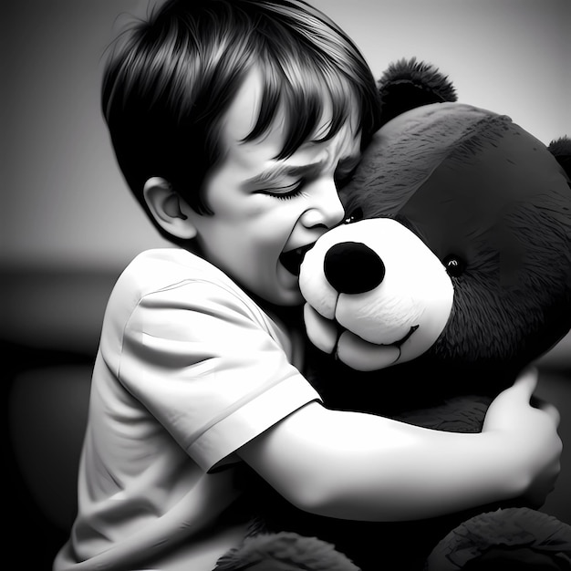 Małe dziecko płacze przytulając misia w realistycznym stylu czarno-białym