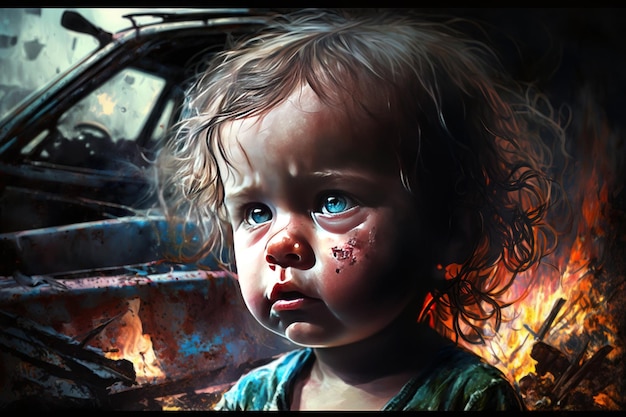 Małe dziecko przed płonącym samochodem ratującym dziecko przed wypadkiem jest przestraszone i smutne, ai generatywne