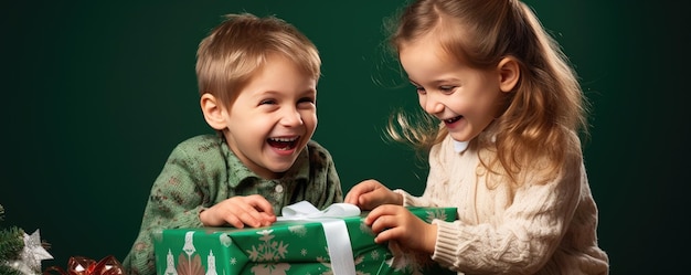 Zdjęcie małe dziecko rozpakowuje prezent i śmieje się na tle banner copy space generative ai