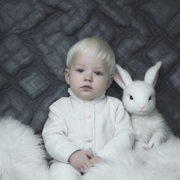 Małe dziecko siedzi obok białego królika.